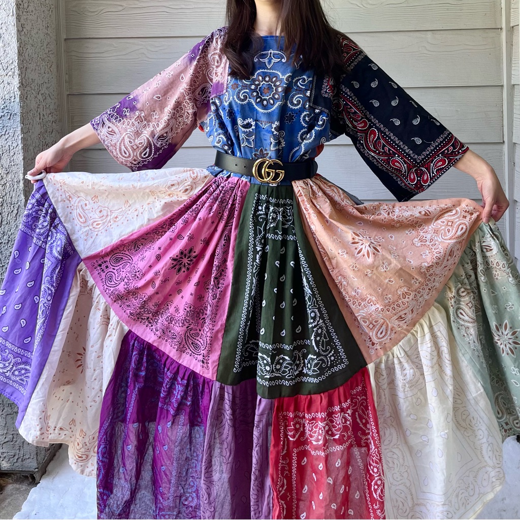 Handmade Earthy Voluminous Maxi Bandana Dress Sku 04024 Red+Blue
